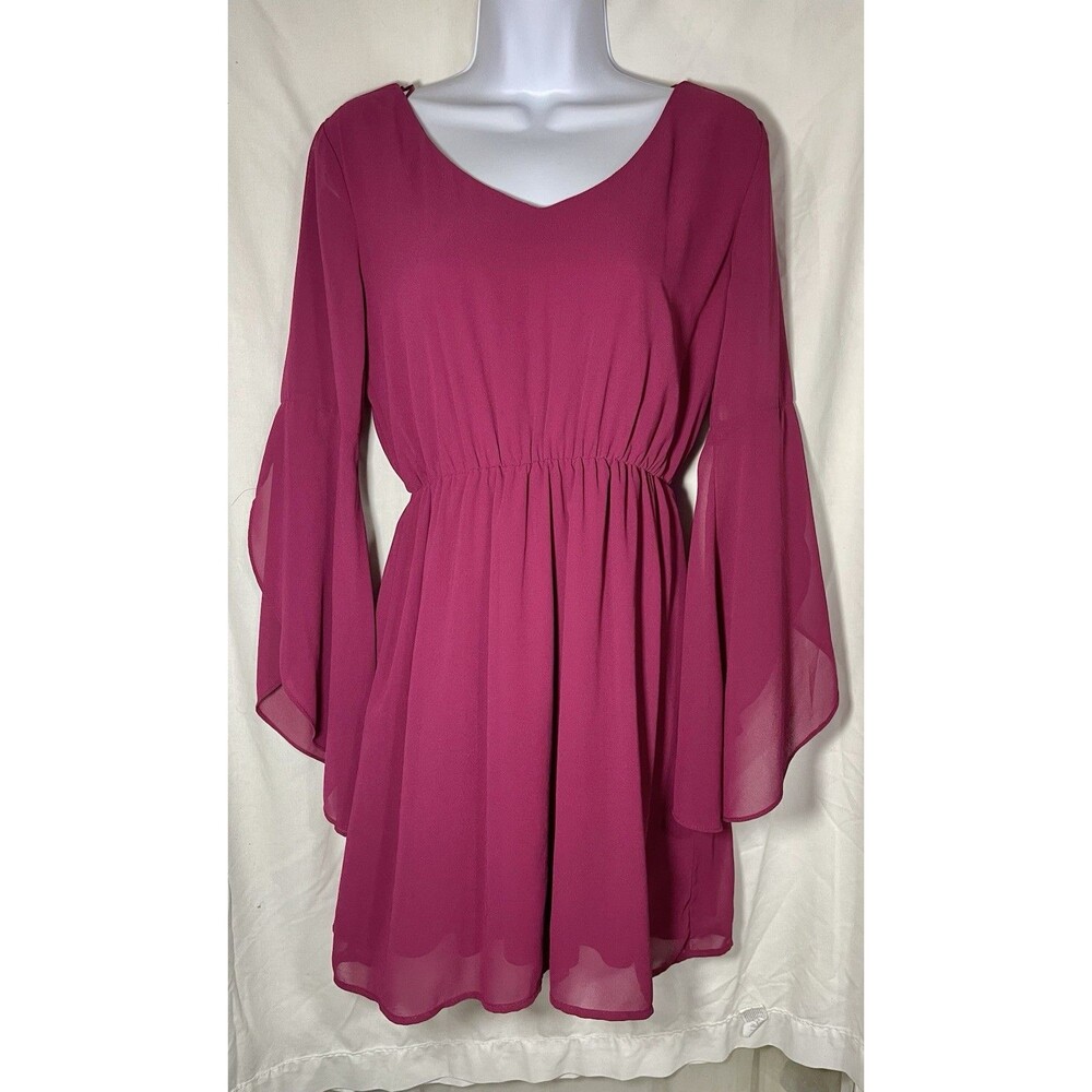 Pink Owl Bell Sleeve Mini Dress Magenta Burgundy Boho Chiffon - Size Small